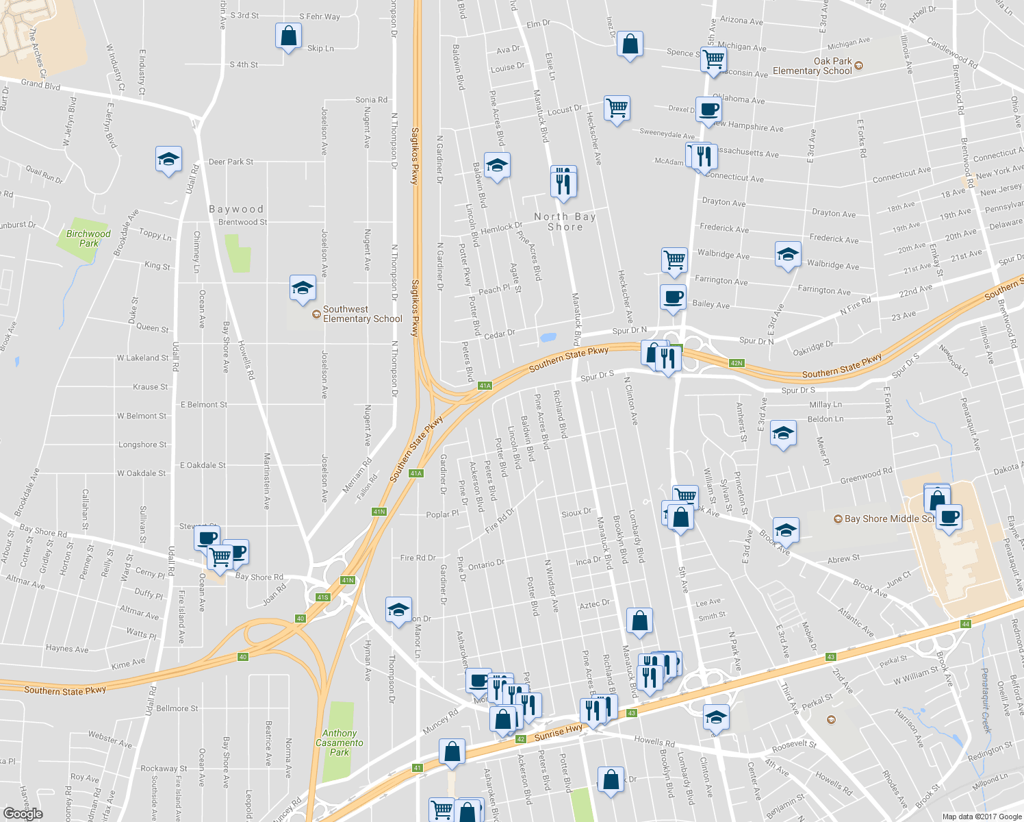 map of restaurants, bars, coffee shops, grocery stores, and more near 1465 Lincoln Boulevard in Bay Shore