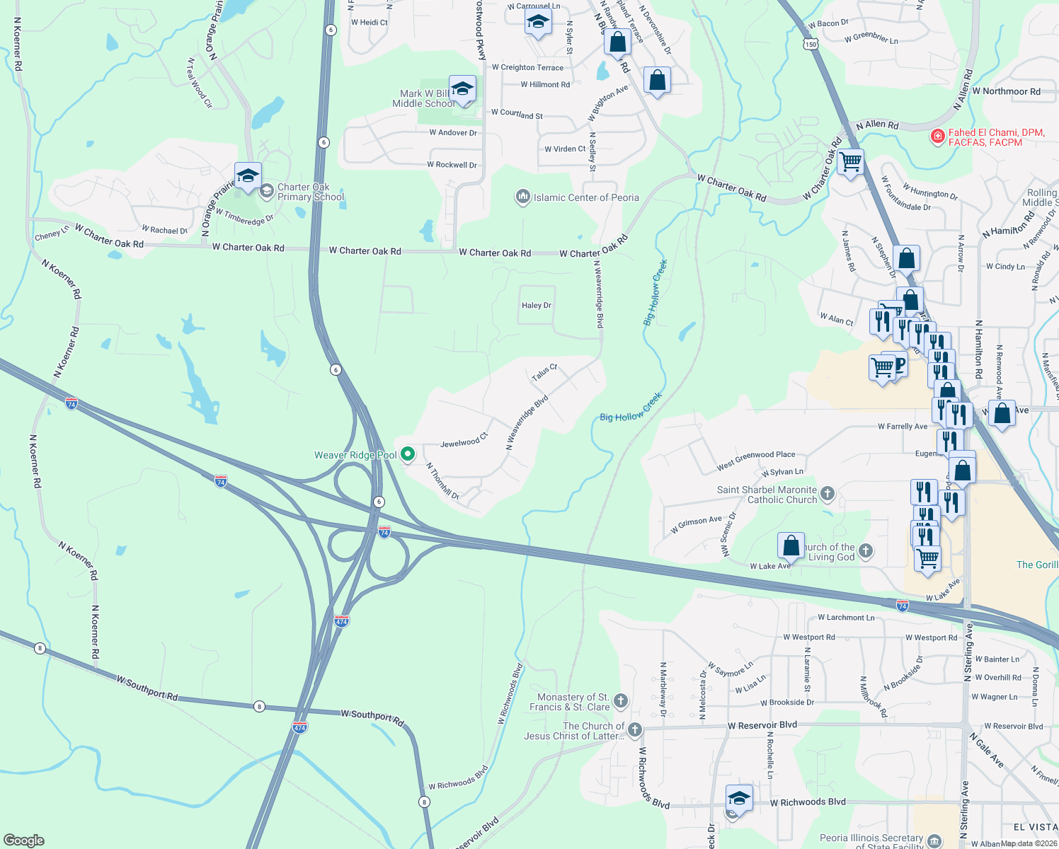 map of restaurants, bars, coffee shops, grocery stores, and more near 4826 North Weaverridge Boulevard in Peoria