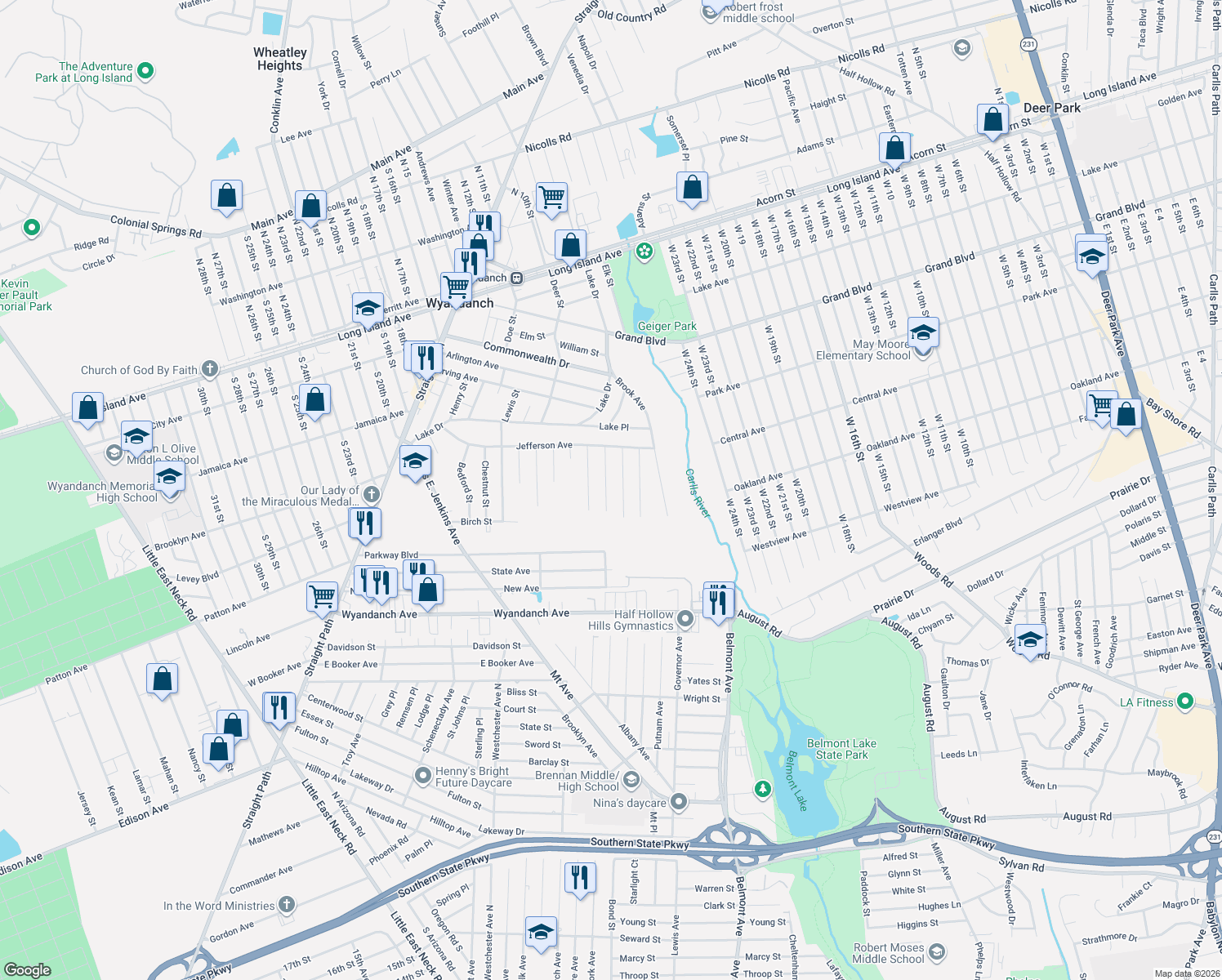map of restaurants, bars, coffee shops, grocery stores, and more near 53 Spruce Street in Wyandanch