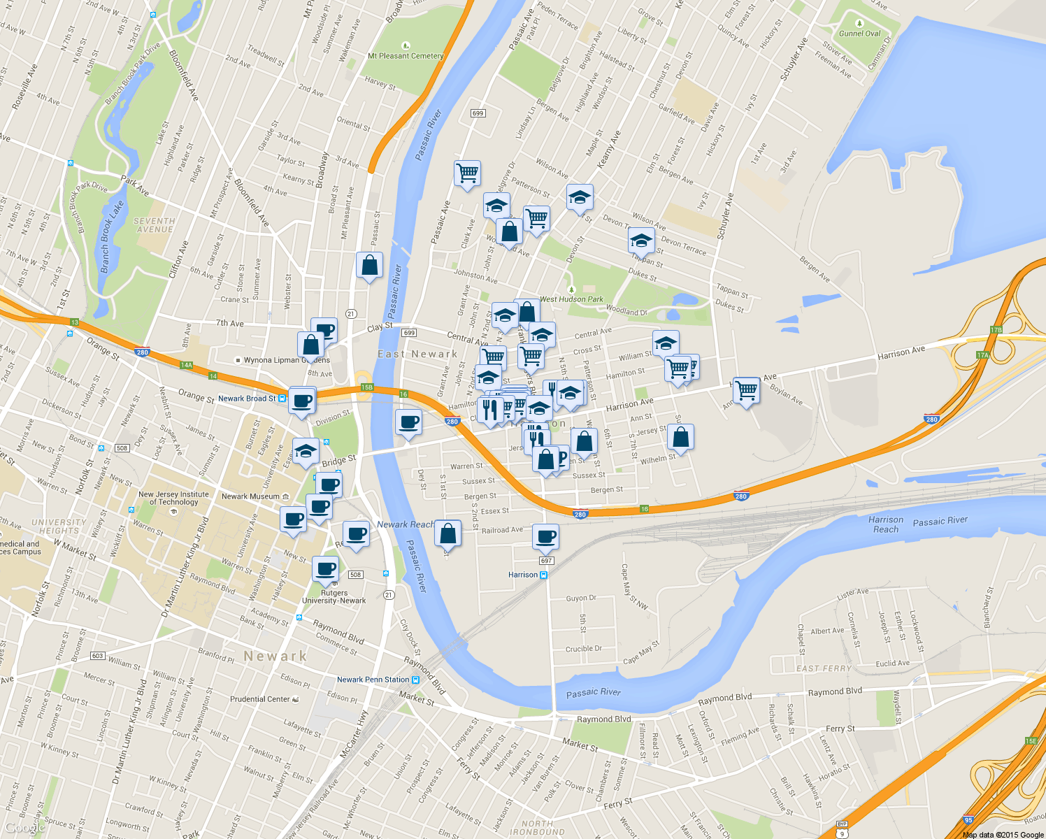 map of restaurants, bars, coffee shops, grocery stores, and more near 318 Harrison Avenue in Harrison