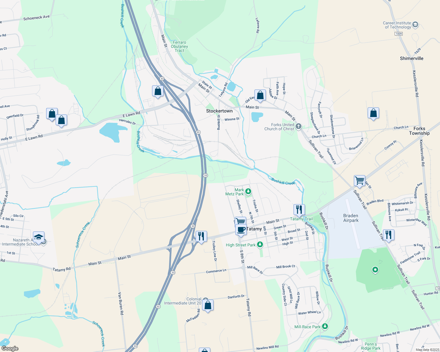 map of restaurants, bars, coffee shops, grocery stores, and more near 1520 Tatamy Road in Easton