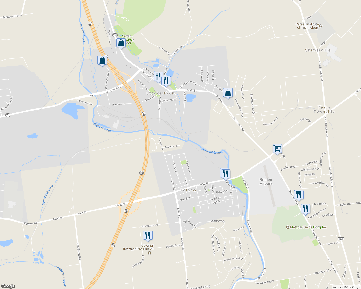 map of restaurants, bars, coffee shops, grocery stores, and more near 50 Mariska Ln in Easton