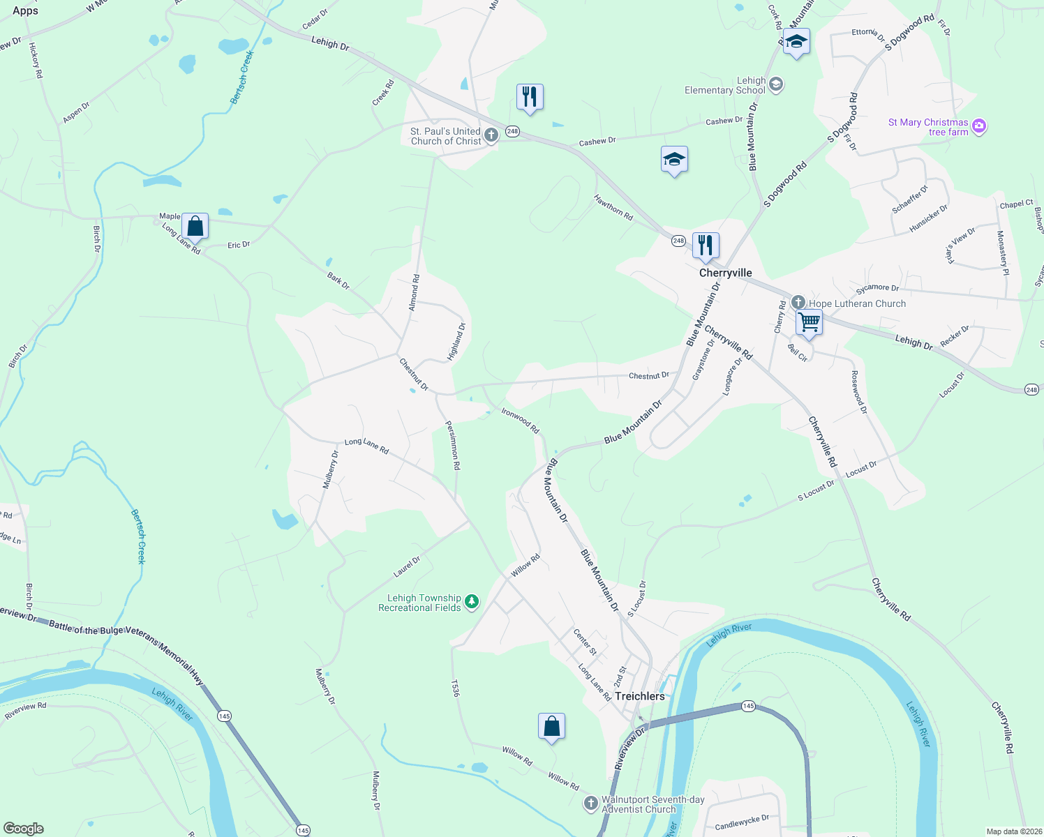 map of restaurants, bars, coffee shops, grocery stores, and more near 547 Ironwood Road in Walnutport