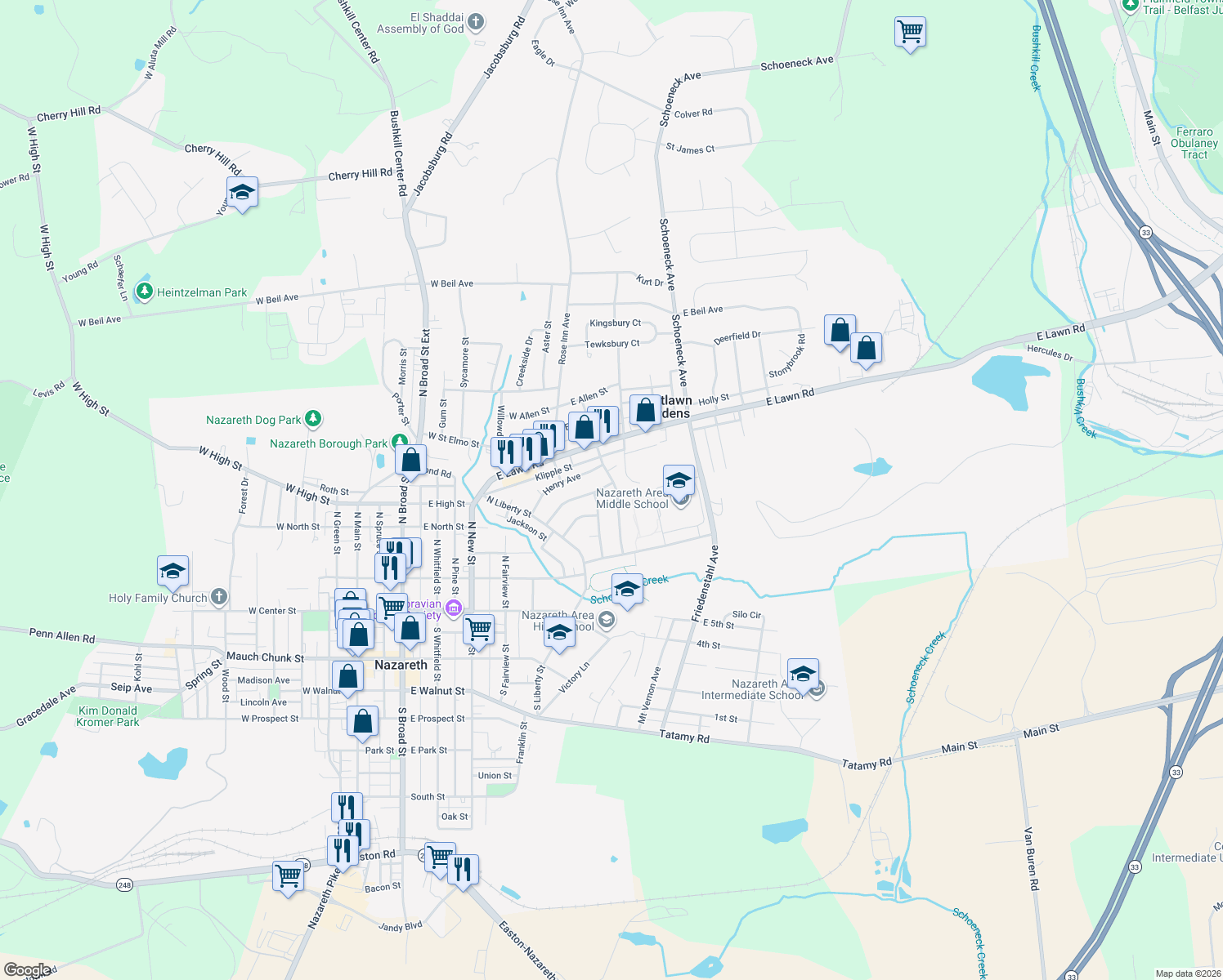 map of restaurants, bars, coffee shops, grocery stores, and more near 124 George Avenue in Nazareth