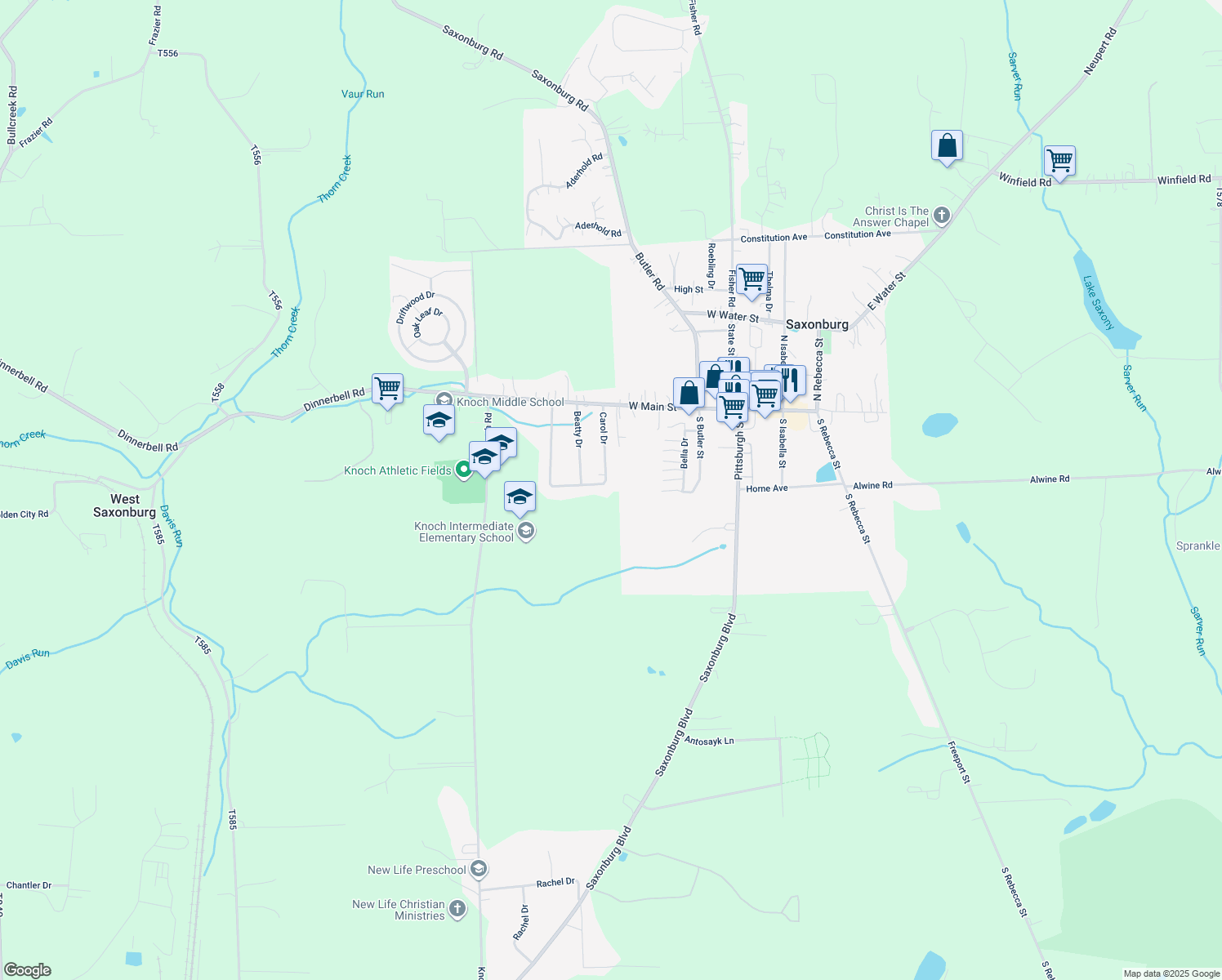 map of restaurants, bars, coffee shops, grocery stores, and more near 121 Carol Dr in Saxonburg