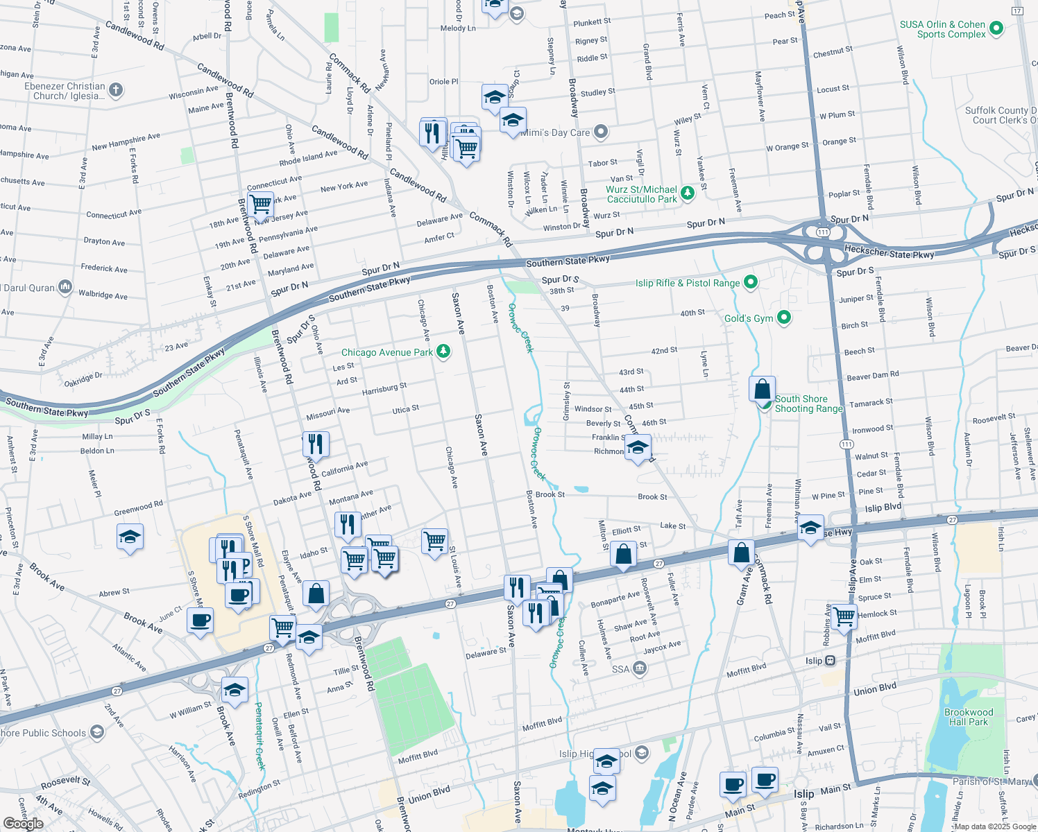 map of restaurants, bars, coffee shops, grocery stores, and more near 1295 Boston Avenue in Bay Shore