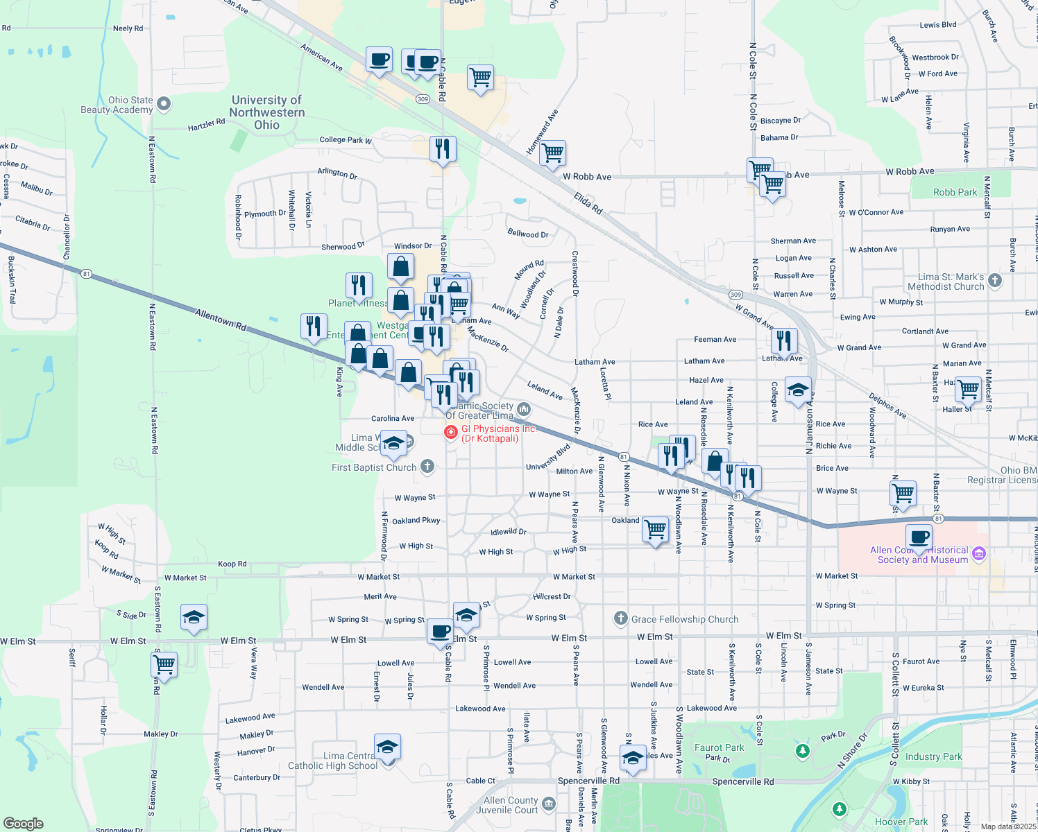 map of restaurants, bars, coffee shops, grocery stores, and more near 1800 Allentown Road in Lima