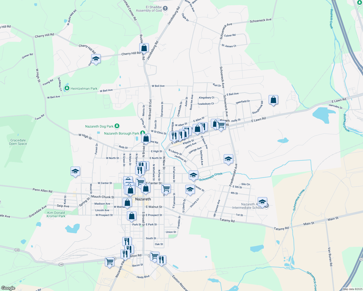 map of restaurants, bars, coffee shops, grocery stores, and more near 31 Henry Ave in Nazareth