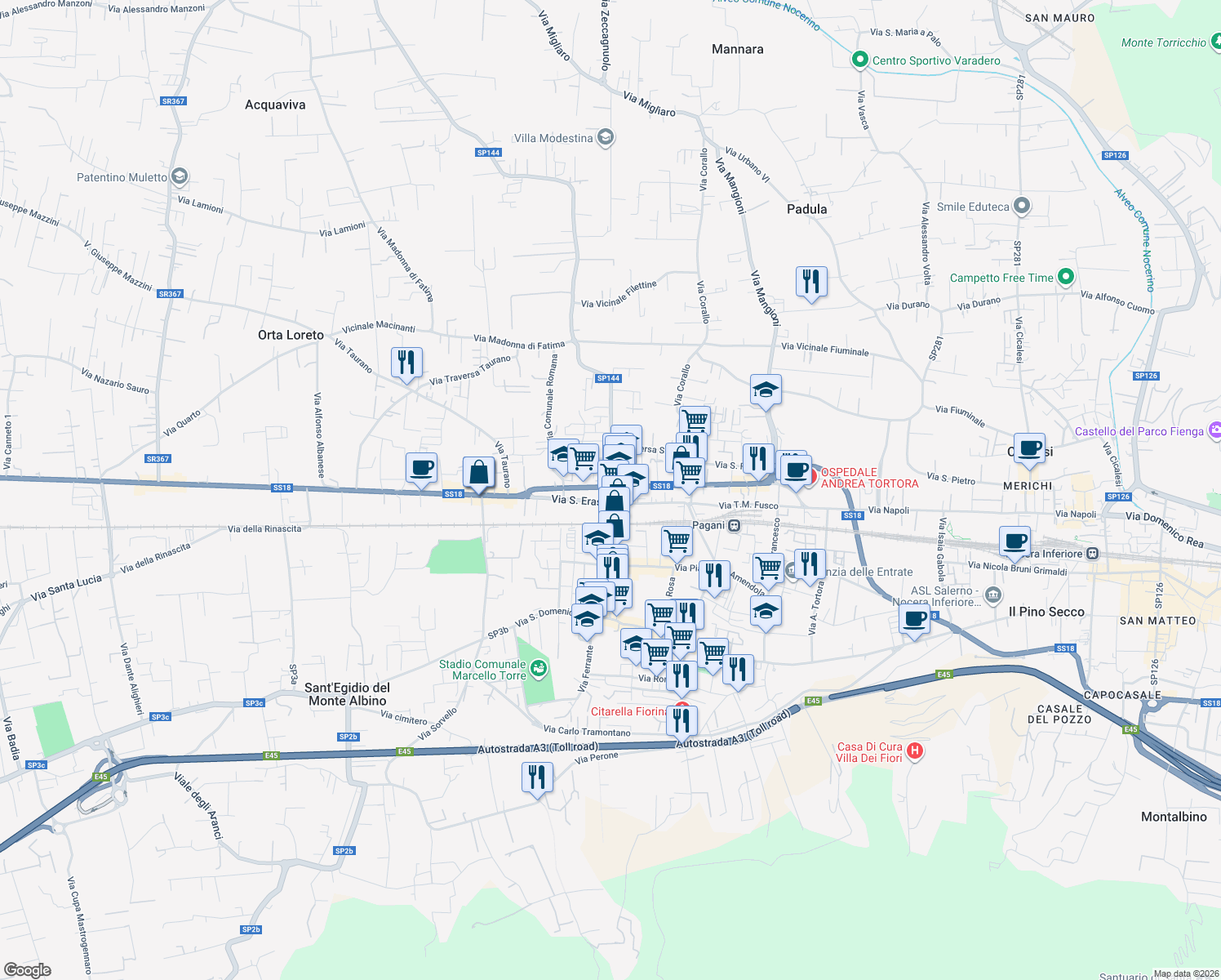 map of restaurants, bars, coffee shops, grocery stores, and more near 21 Via S. Erasmo in Pagani