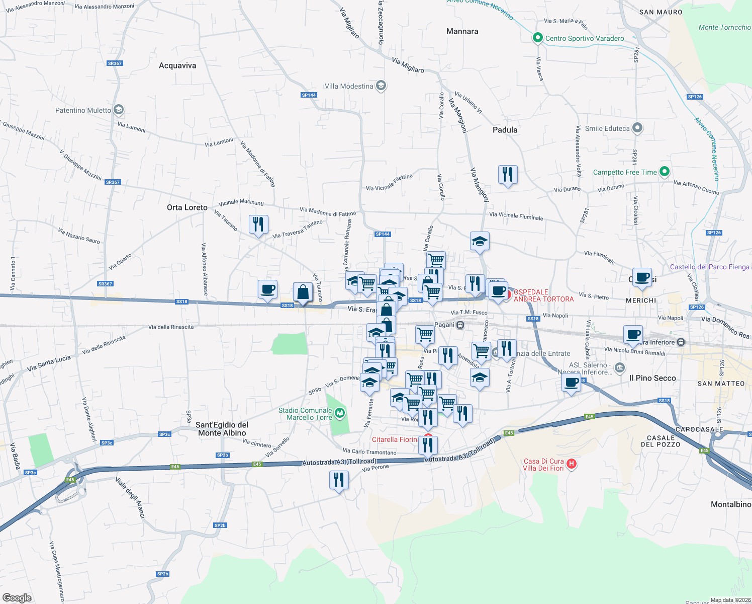 map of restaurants, bars, coffee shops, grocery stores, and more near 21 Via San Erasmo in Pagani