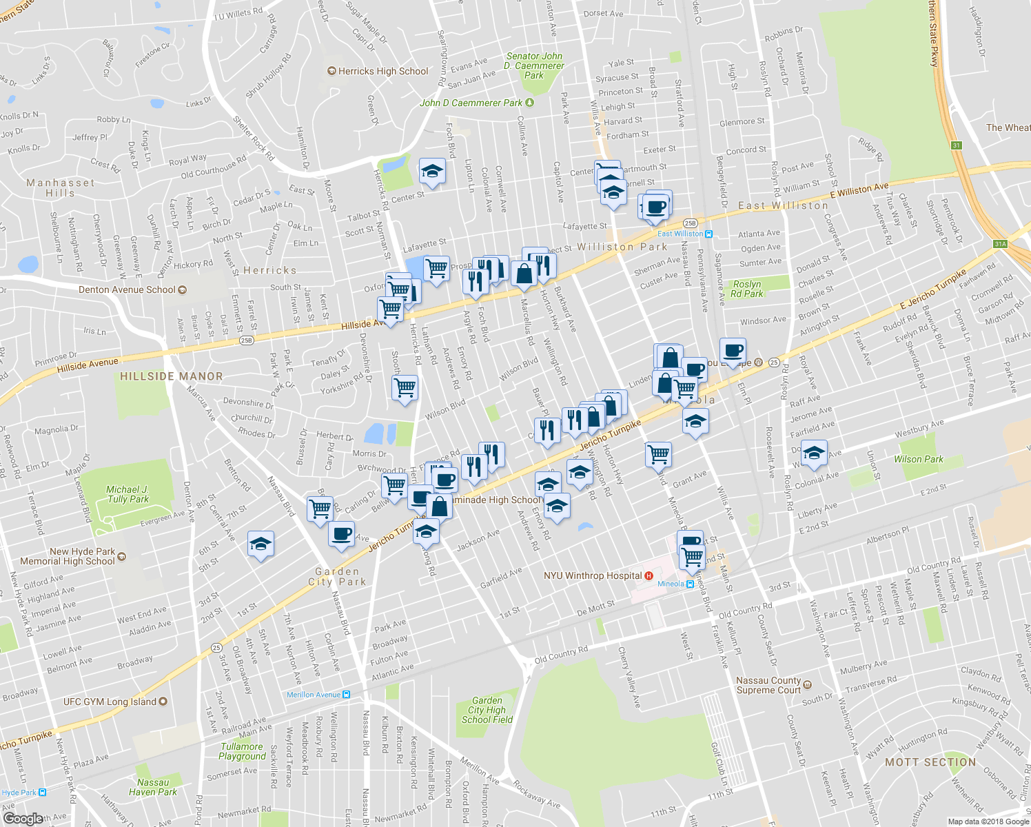 map of restaurants, bars, coffee shops, grocery stores, and more near 360 Foch Boulevard in Mineola