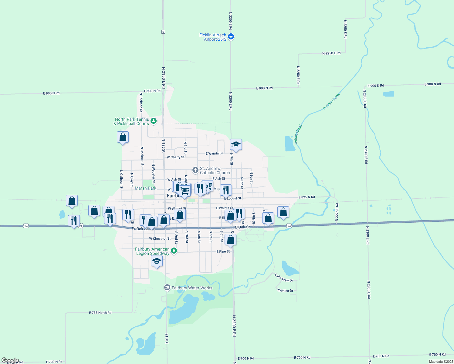 map of restaurants, bars, coffee shops, grocery stores, and more near 409 East Ash Street in Fairbury