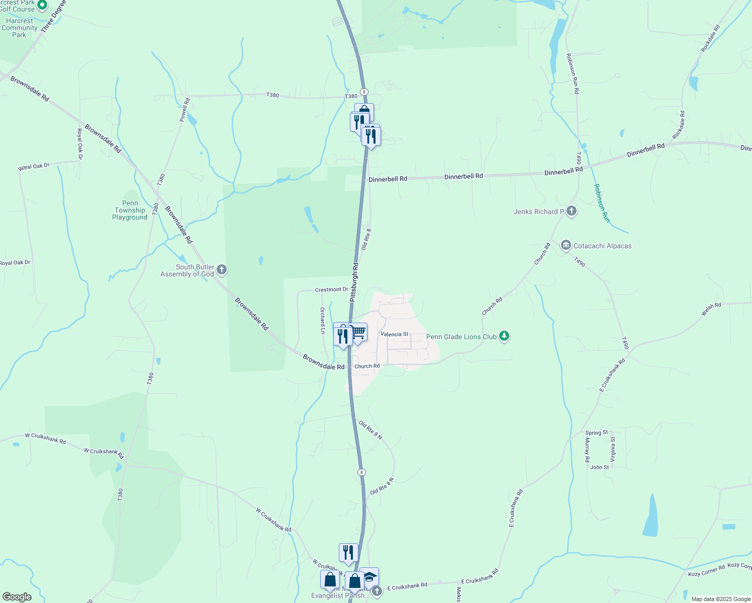 map of restaurants, bars, coffee shops, grocery stores, and more near 205 Waikiki Street in Butler