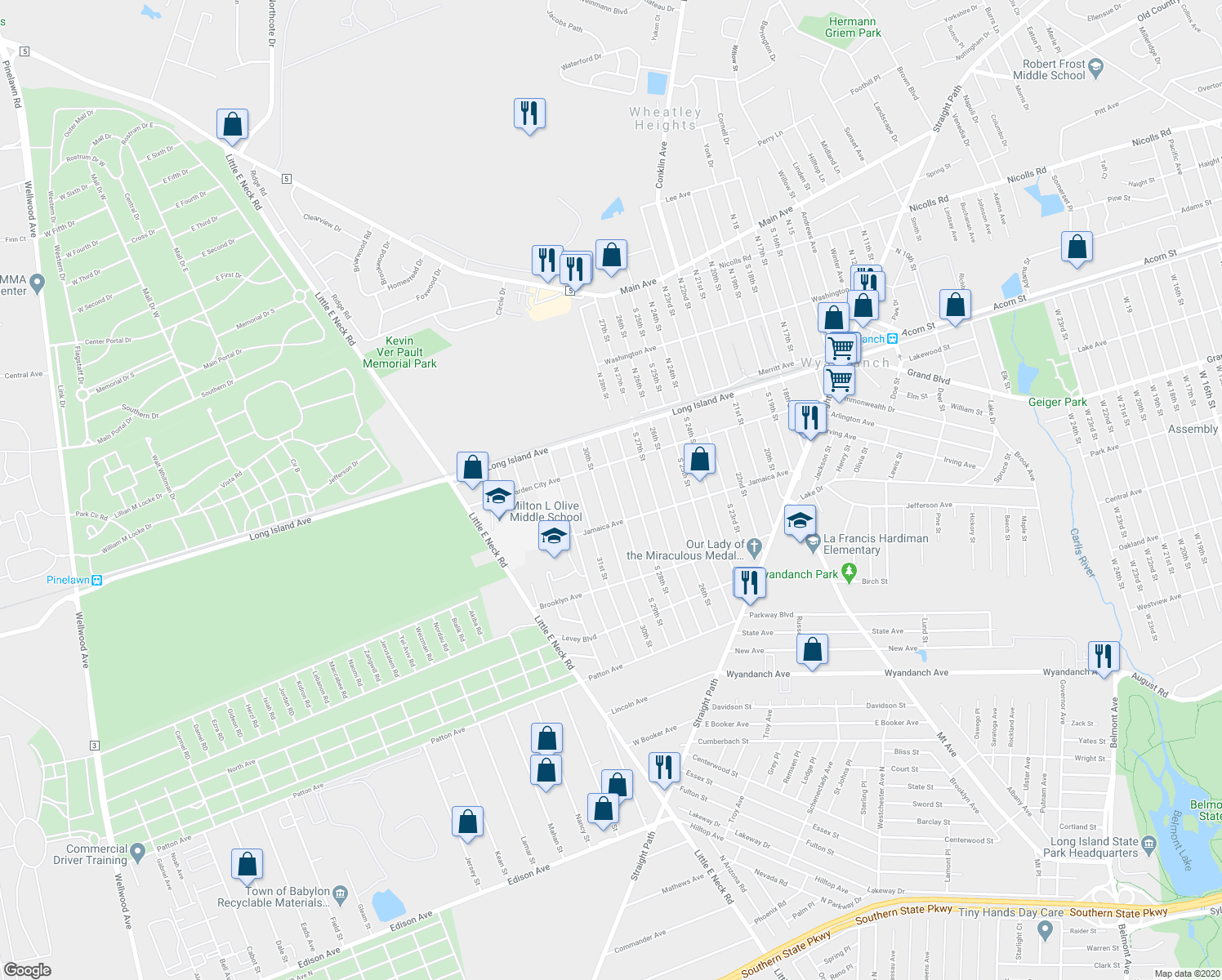 map of restaurants, bars, coffee shops, grocery stores, and more near 100 South 29th Street in Wyandanch