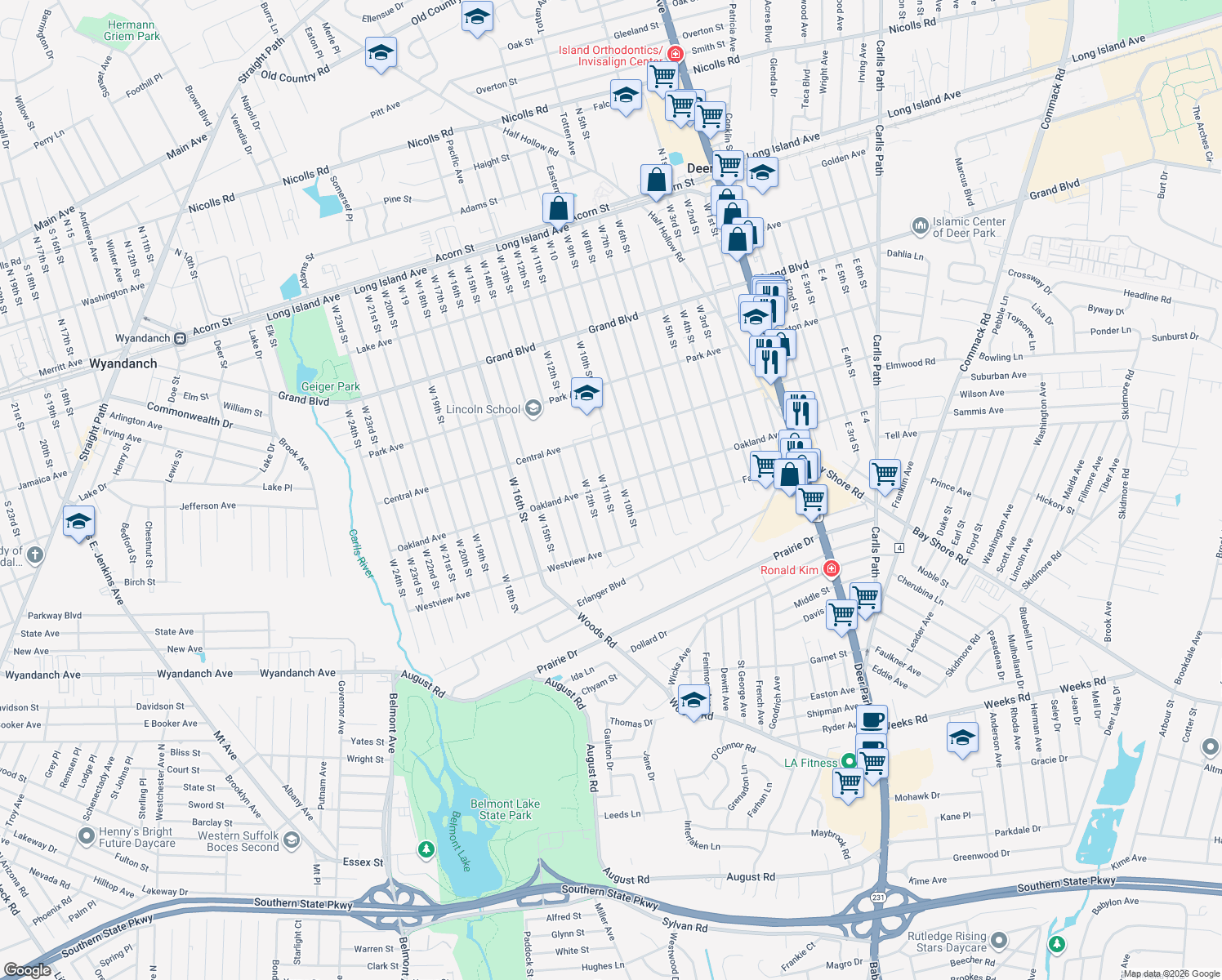 map of restaurants, bars, coffee shops, grocery stores, and more near 246 Oakland Avenue in Deer Park