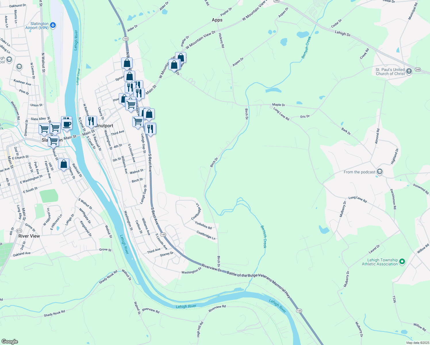 map of restaurants, bars, coffee shops, grocery stores, and more near 664 Birch Dr in Walnutport