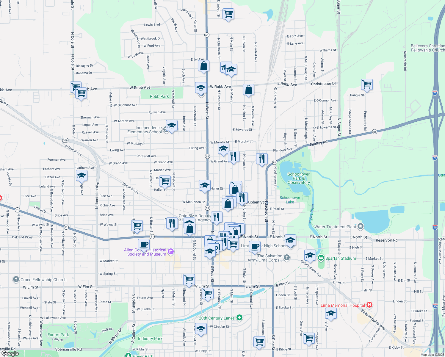 map of restaurants, bars, coffee shops, grocery stores, and more near 638 N Elizabeth St in Lima