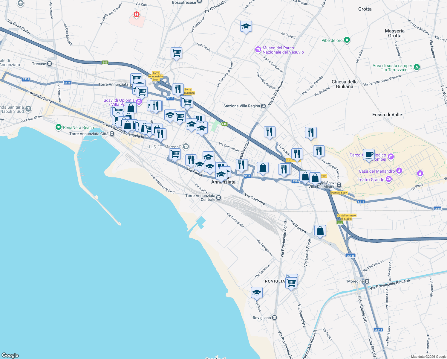 map of restaurants, bars, coffee shops, grocery stores, and more near Viale Manfredi Francesco in Torre Annunziata