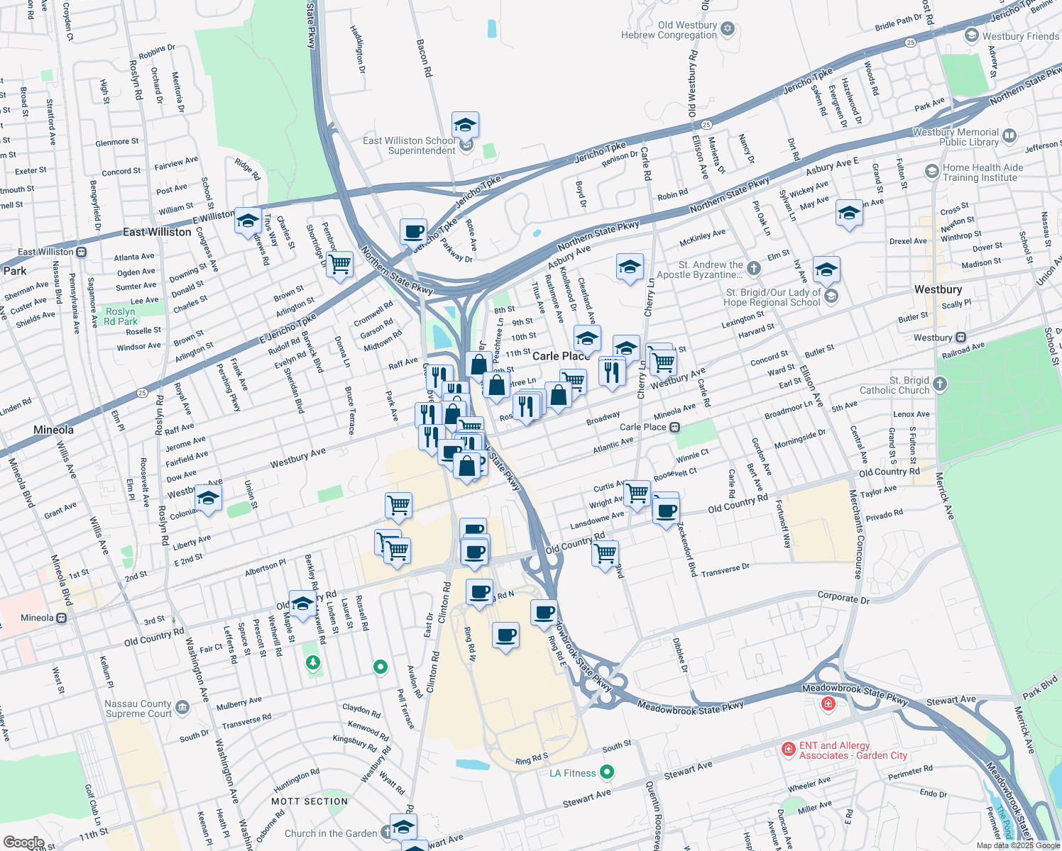map of restaurants, bars, coffee shops, grocery stores, and more near Westbury Avenue in Carle Place