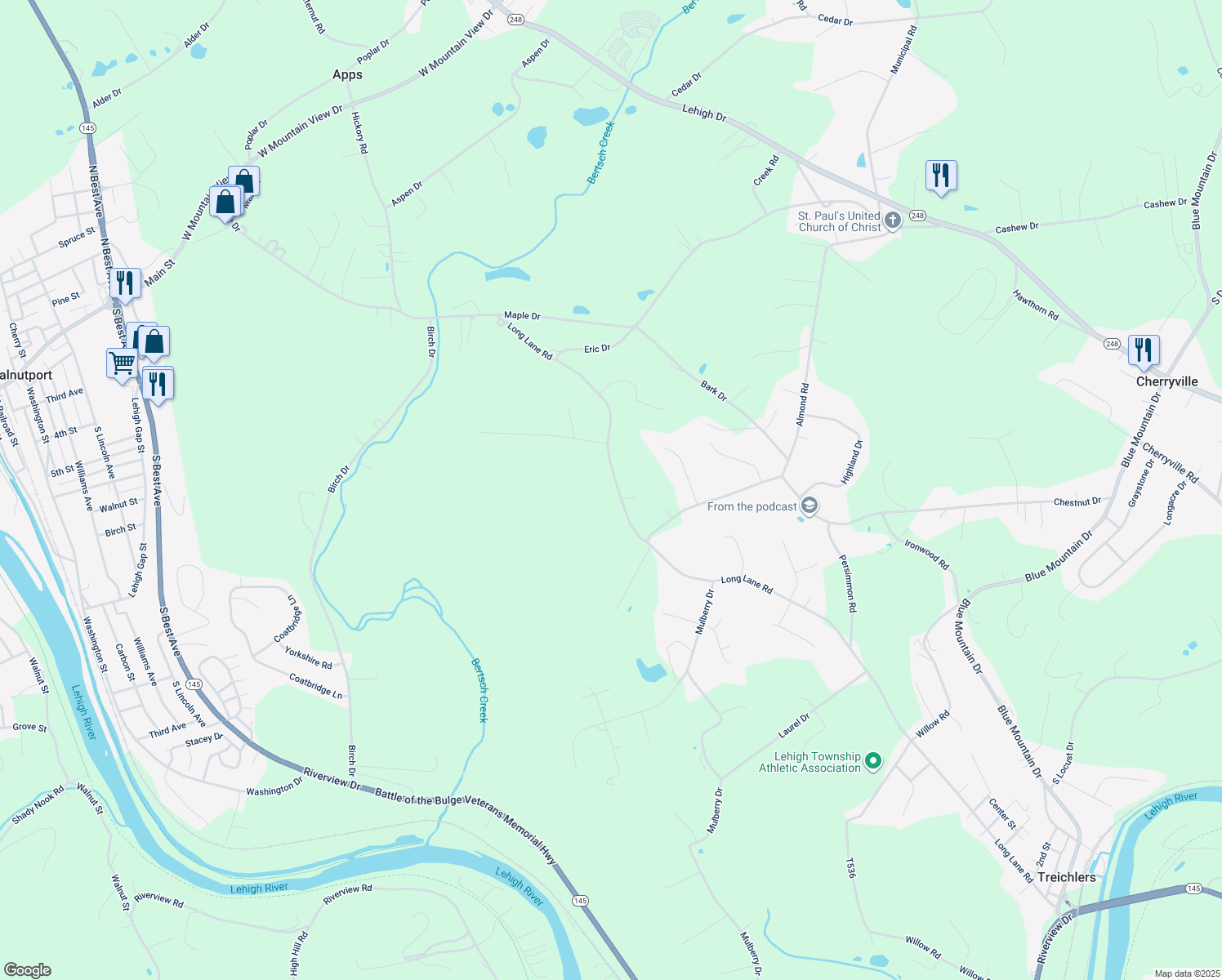 map of restaurants, bars, coffee shops, grocery stores, and more near 649 Long Lane Road in Walnutport