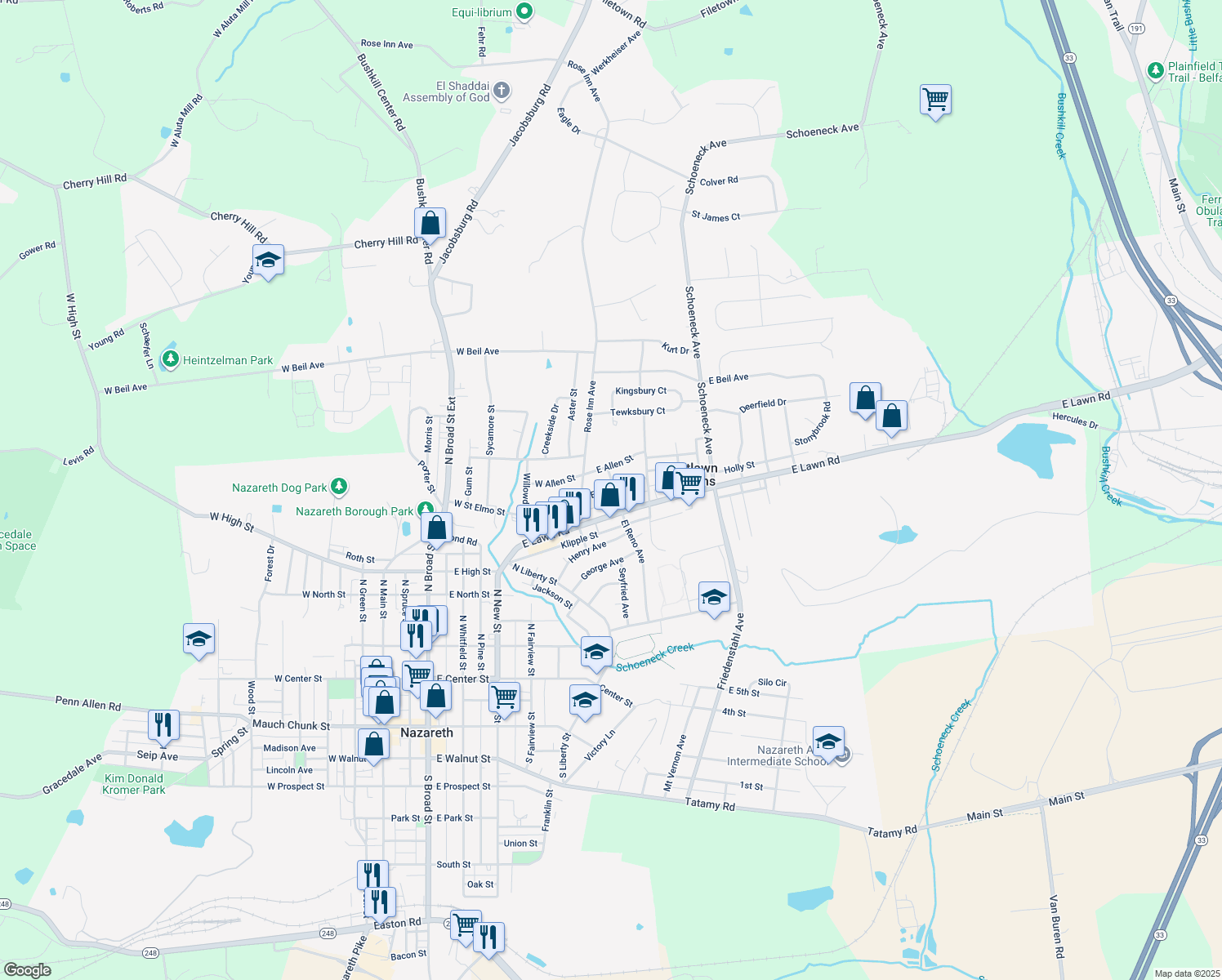 map of restaurants, bars, coffee shops, grocery stores, and more near 38 East Saint Elmo Street in Nazareth