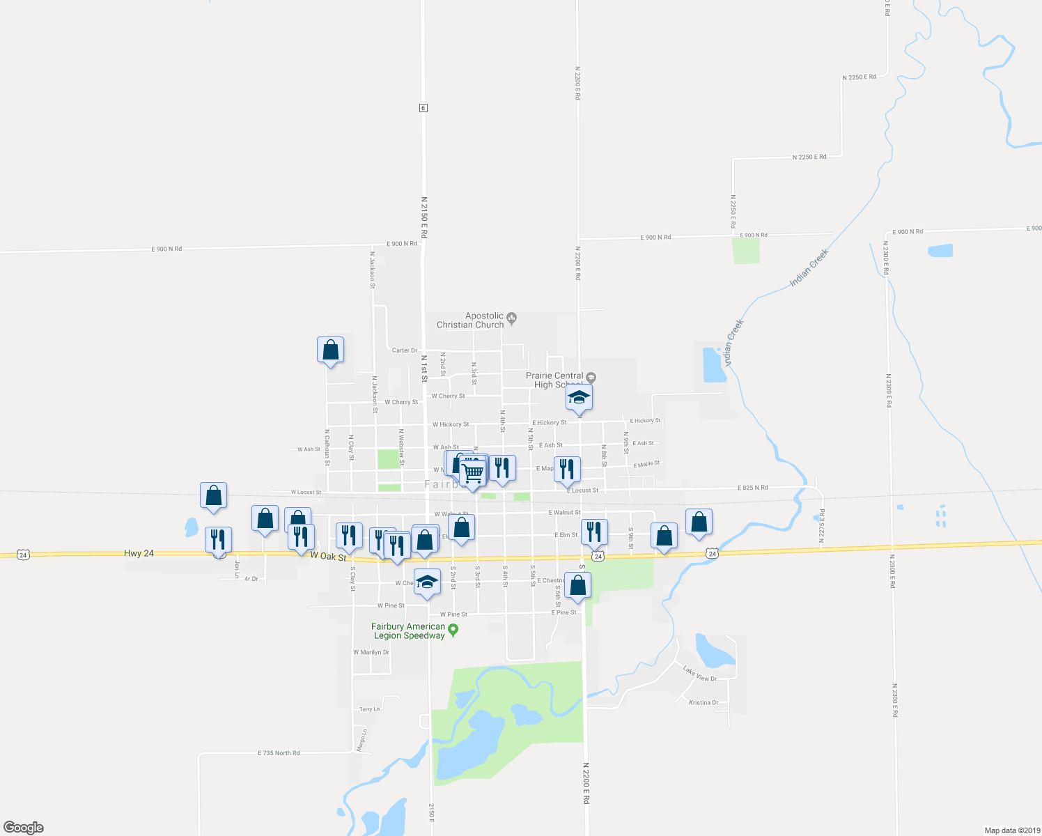 map of restaurants, bars, coffee shops, grocery stores, and more near 210 East Hickory Street in Fairbury