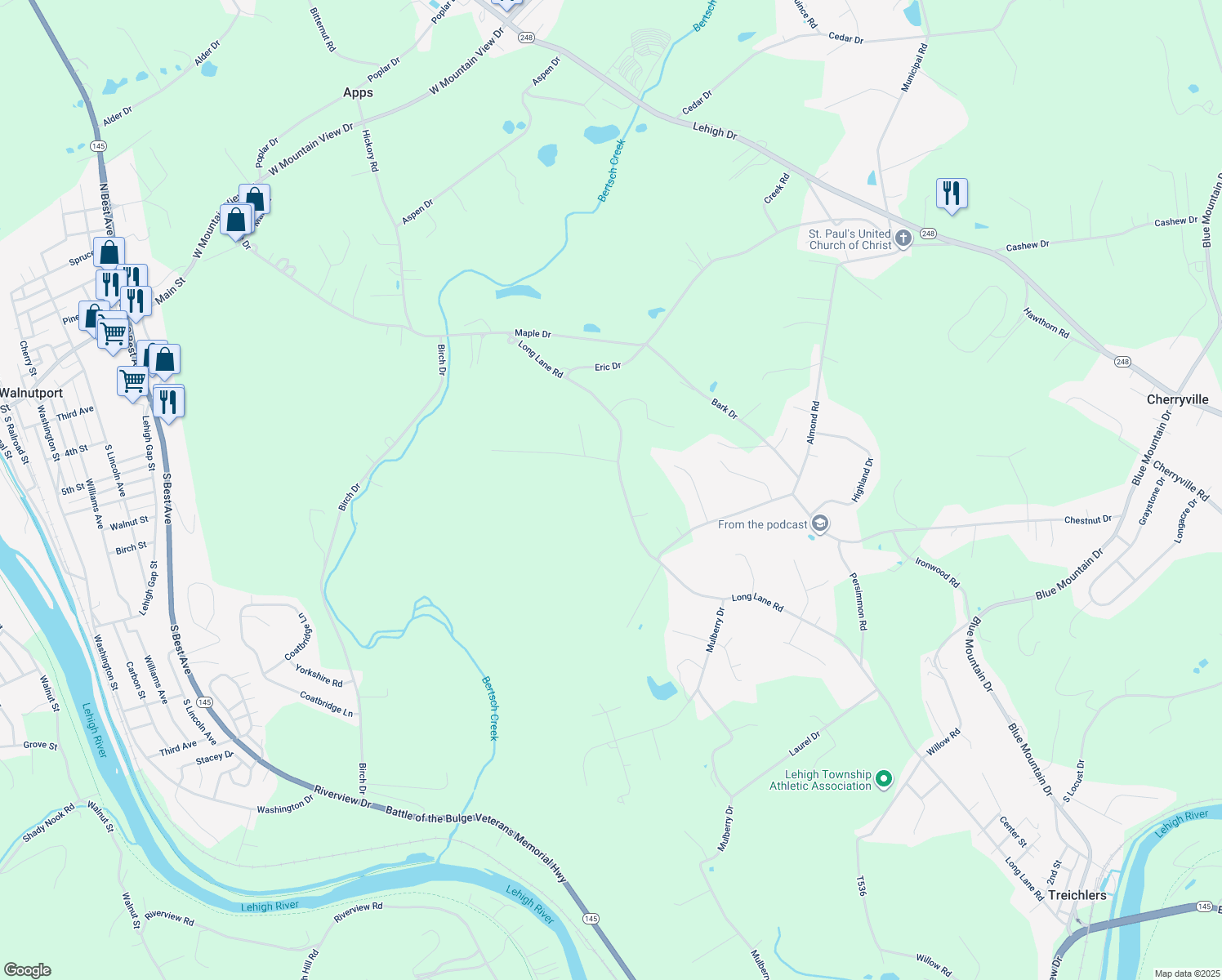 map of restaurants, bars, coffee shops, grocery stores, and more near 661 Long Lane Road in Walnutport