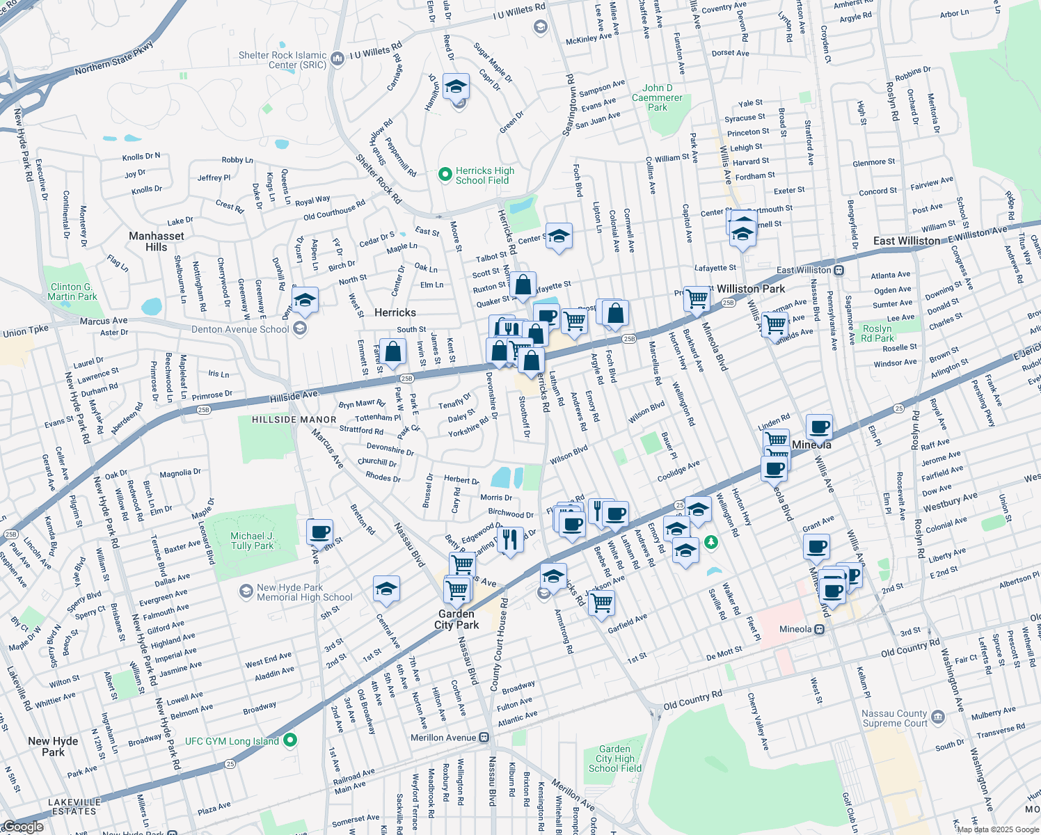 map of restaurants, bars, coffee shops, grocery stores, and more near 27 Stoothoff Drive in New Hyde Park