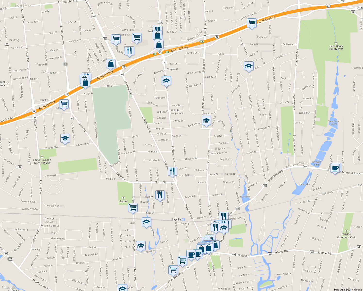 map of restaurants, bars, coffee shops, grocery stores, and more near 18 Neel Court in Sayville