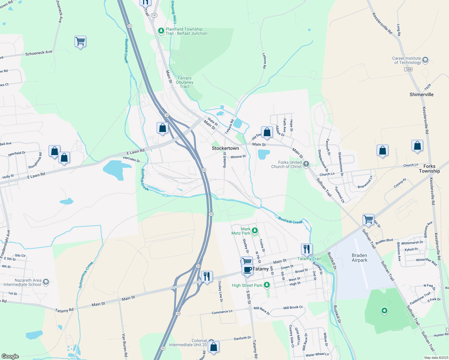 map of restaurants, bars, coffee shops, grocery stores, and more near 300 Bushkill Street in Stockertown