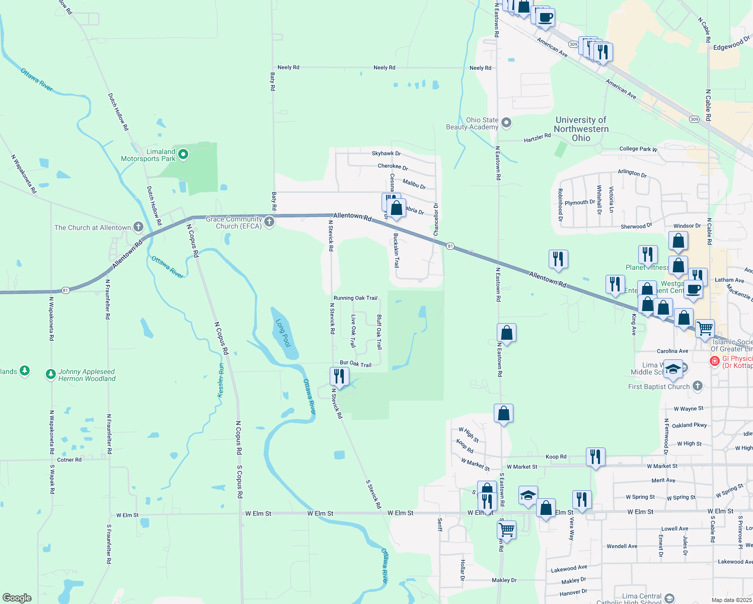 map of restaurants, bars, coffee shops, grocery stores, and more near 967 Bluff Oak Trail in Elida