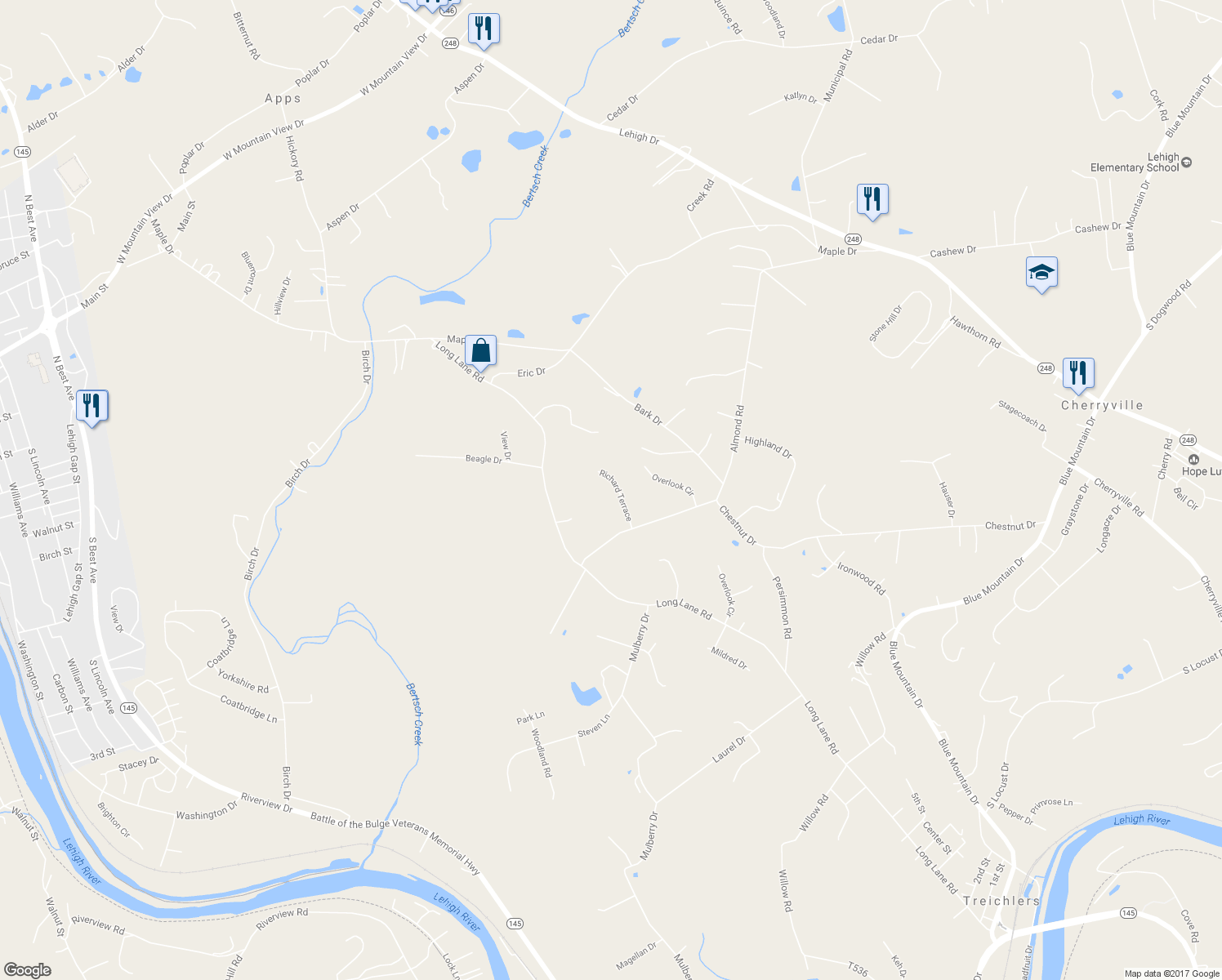 map of restaurants, bars, coffee shops, grocery stores, and more near 4548 Richard Terrace in Walnutport