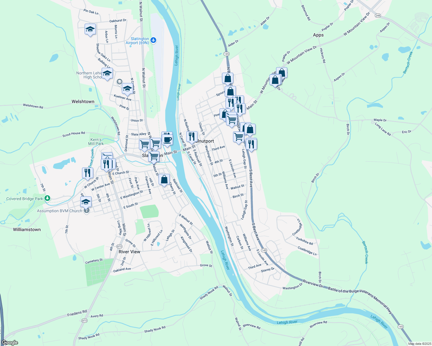 map of restaurants, bars, coffee shops, grocery stores, and more near 29 Washington Spur in Walnutport