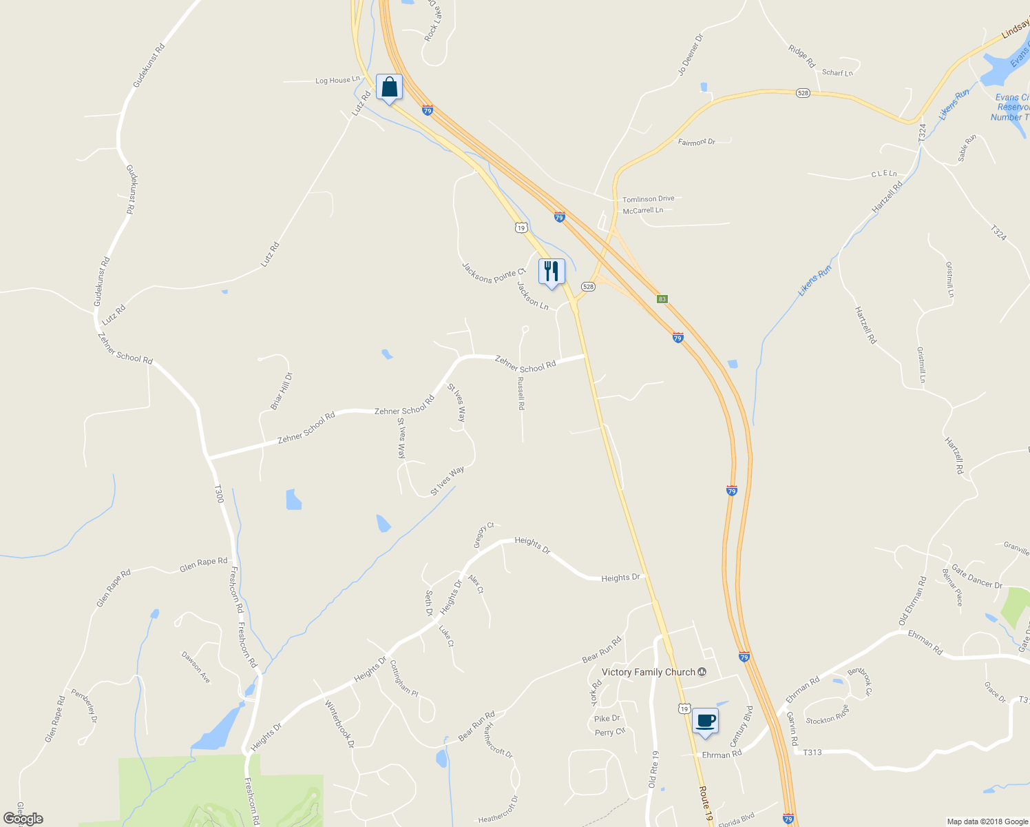 map of restaurants, bars, coffee shops, grocery stores, and more near 226 Russell Road in Zelienople