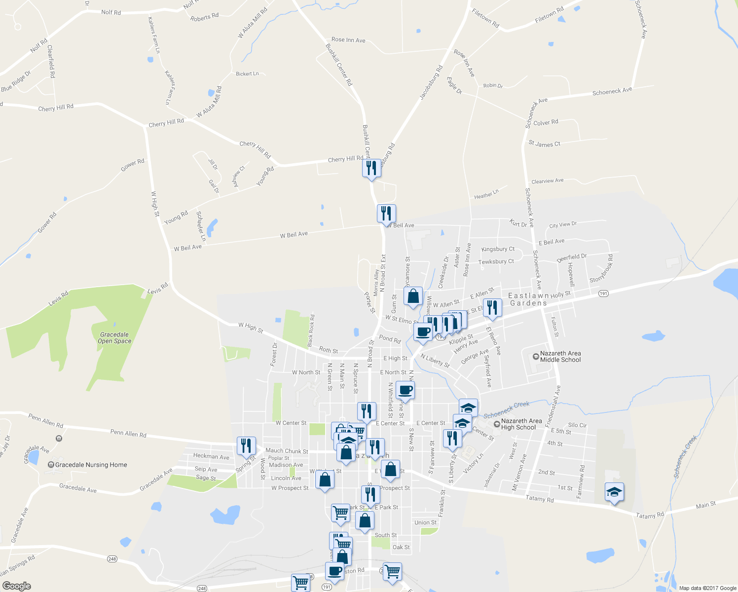 map of restaurants, bars, coffee shops, grocery stores, and more near 30 Morris Street in Nazareth