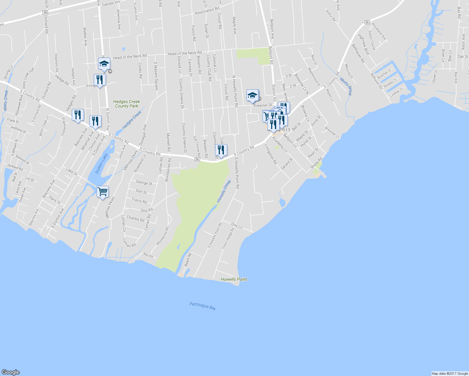 map of restaurants, bars, coffee shops, grocery stores, and more near 24 South Howells Point Road in Bellport