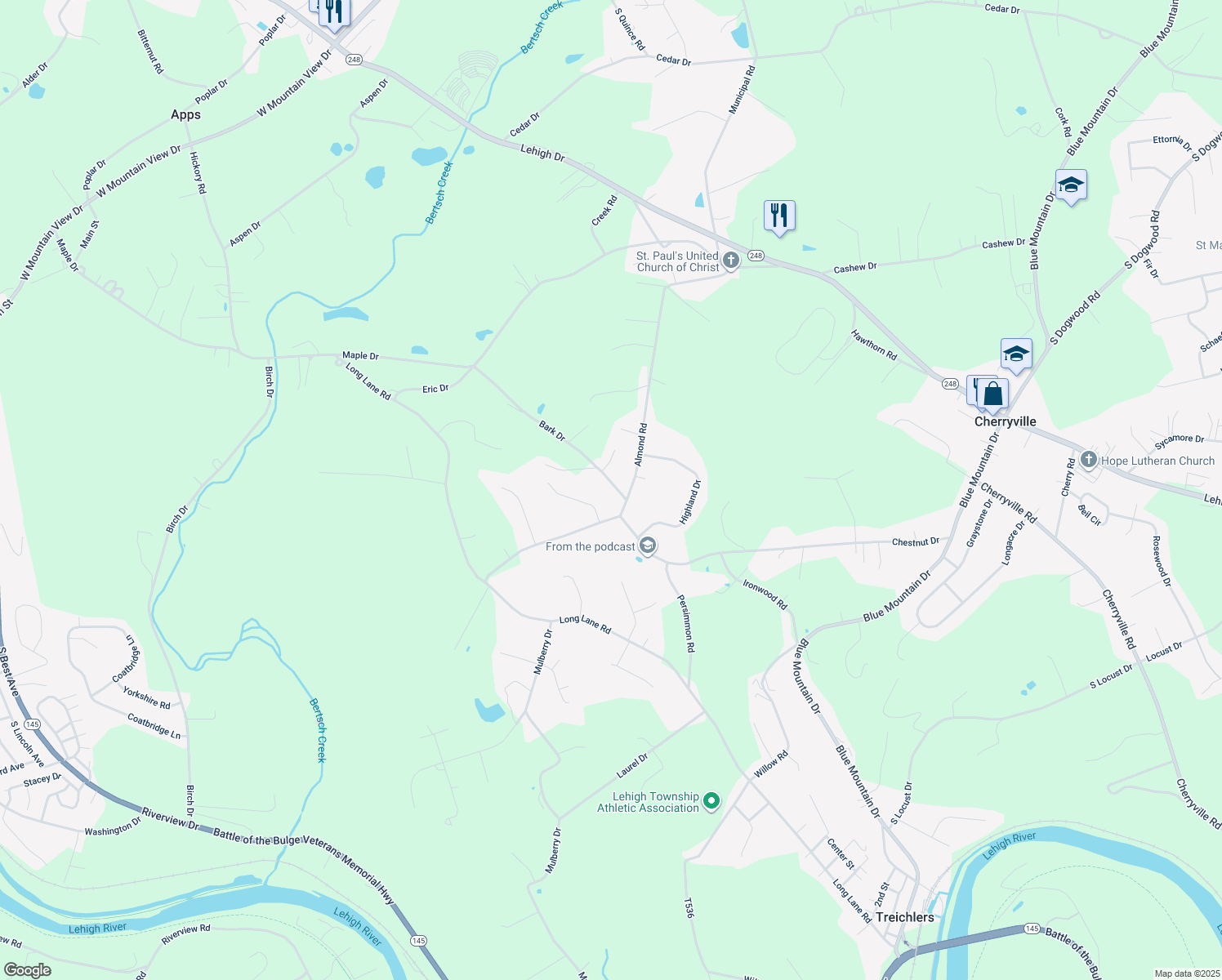 map of restaurants, bars, coffee shops, grocery stores, and more near 649 Bark Drive in Walnutport