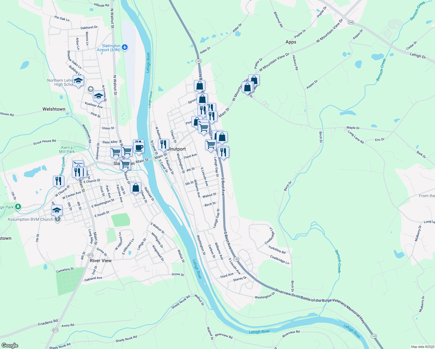 map of restaurants, bars, coffee shops, grocery stores, and more near Lehigh Gap Street in Walnutport