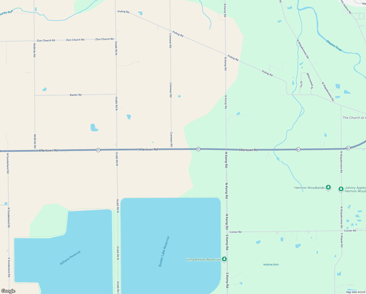 map of restaurants, bars, coffee shops, grocery stores, and more near 6680 Allentown Road in Elida