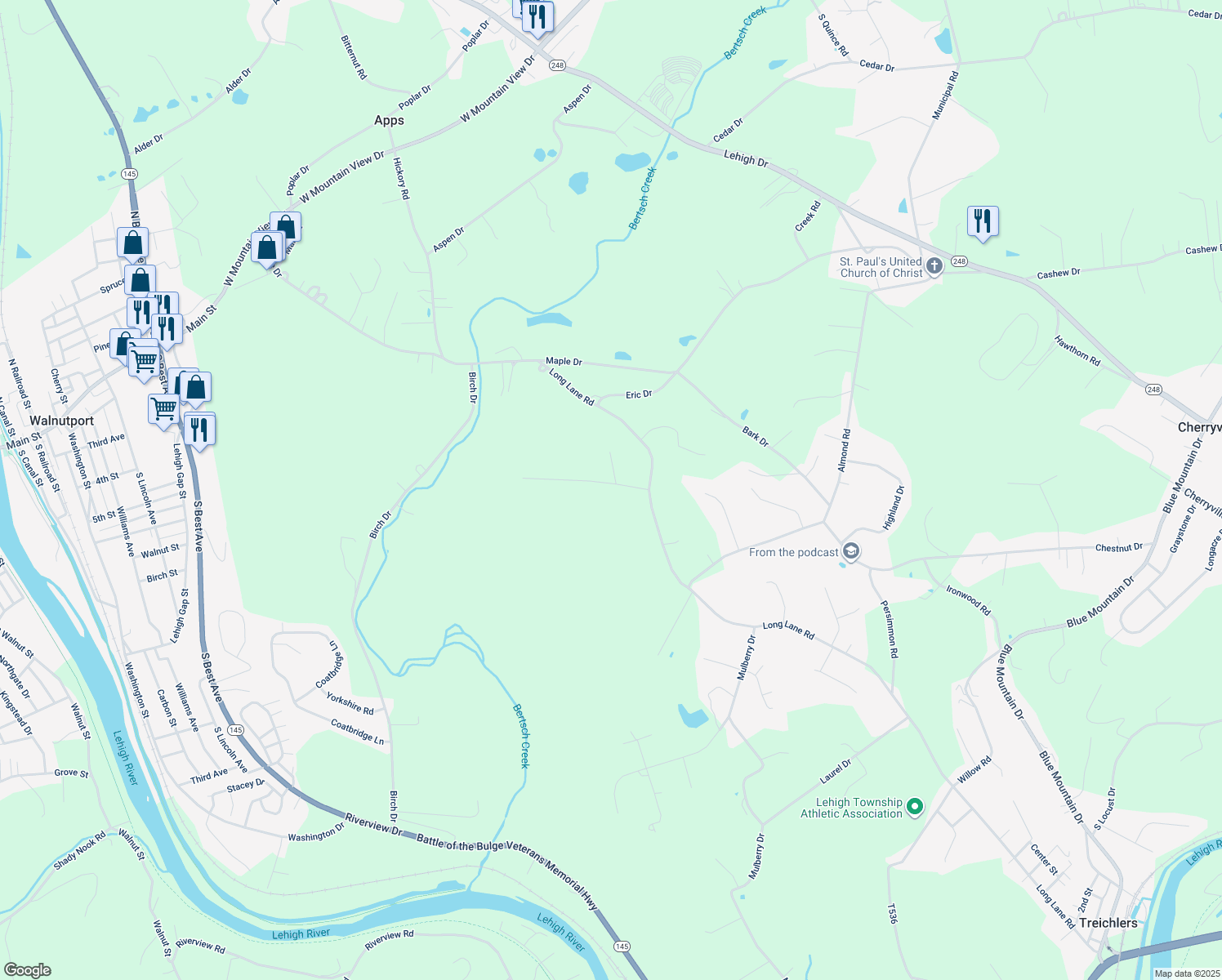 map of restaurants, bars, coffee shops, grocery stores, and more near 4633 Beagle Drive in Walnutport