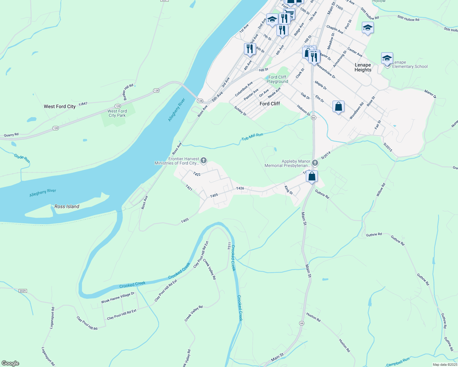 map of restaurants, bars, coffee shops, grocery stores, and more near 787 Orchard St in Ford City