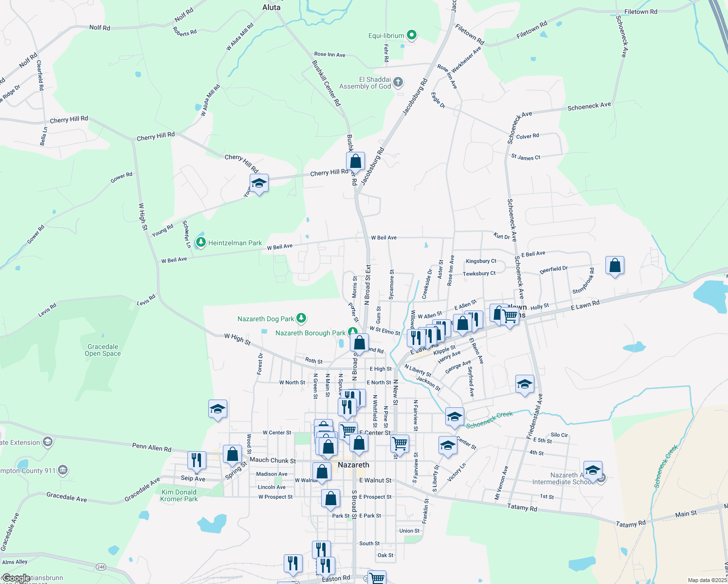 map of restaurants, bars, coffee shops, grocery stores, and more near 87 North Broad Street Extension in Nazareth