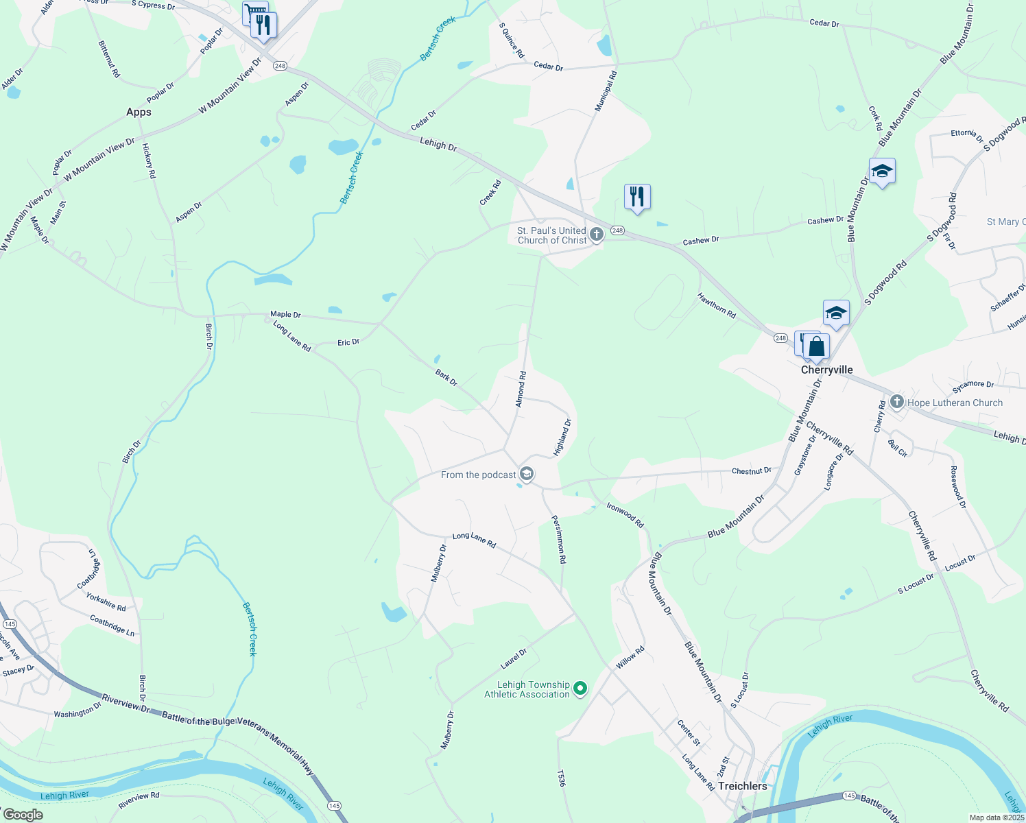 map of restaurants, bars, coffee shops, grocery stores, and more near 665 Almond Road in Walnutport