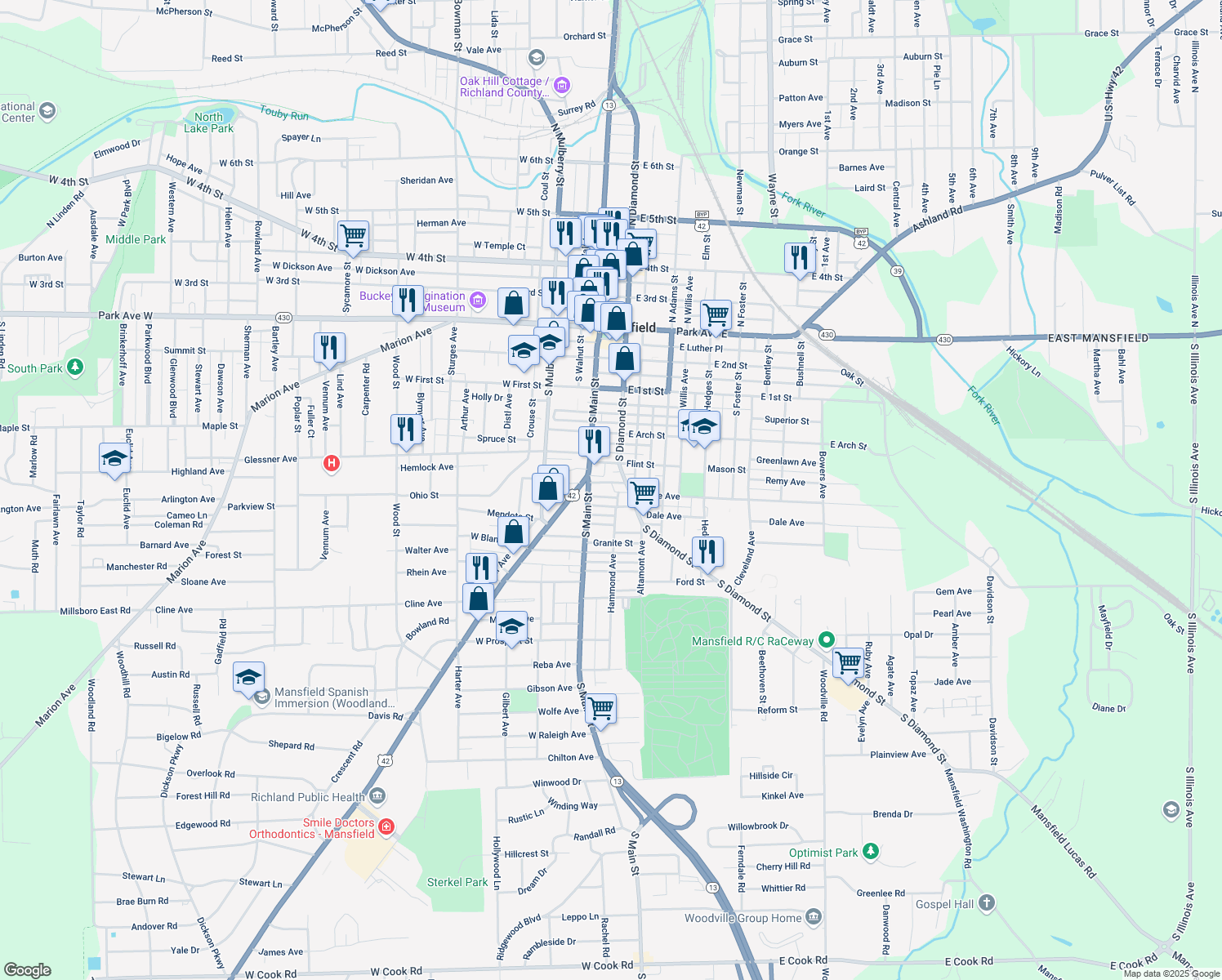 map of restaurants, bars, coffee shops, grocery stores, and more near 232 Schmidt Court in Mansfield