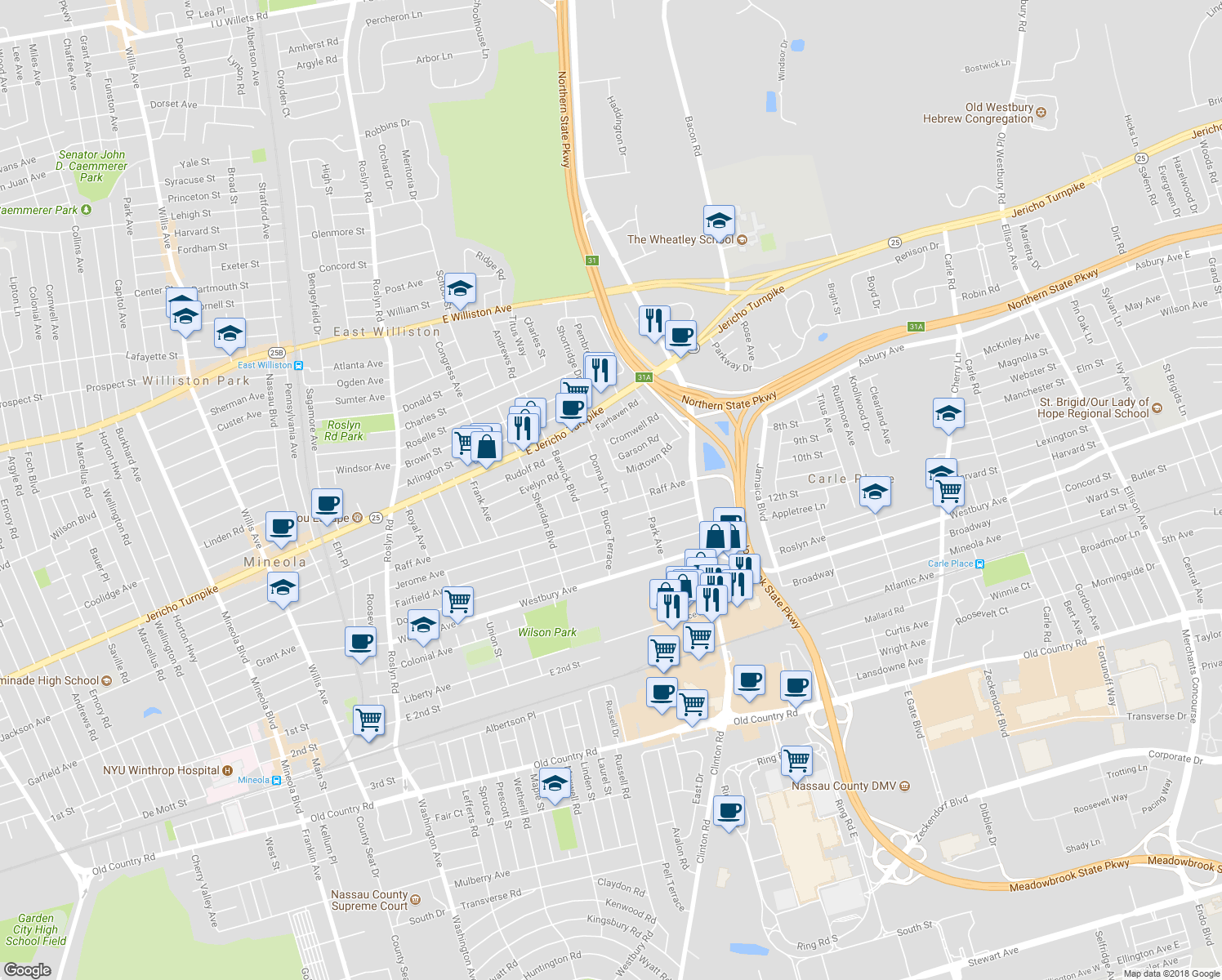 map of restaurants, bars, coffee shops, grocery stores, and more near 287 Hill Street in Mineola