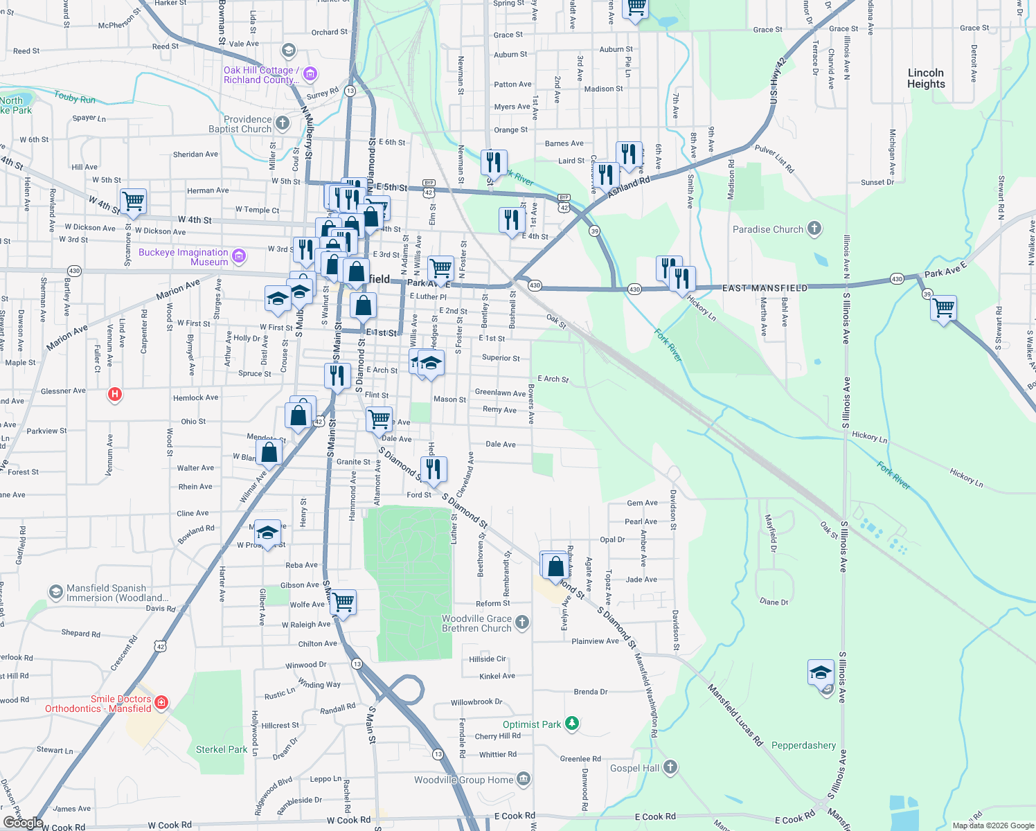 map of restaurants, bars, coffee shops, grocery stores, and more near 320 Remy Avenue in Mansfield