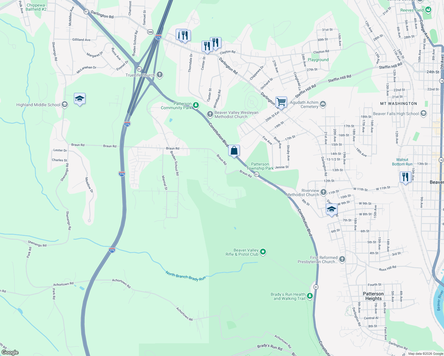 map of restaurants, bars, coffee shops, grocery stores, and more near 420 Braun Rd in Beaver Falls