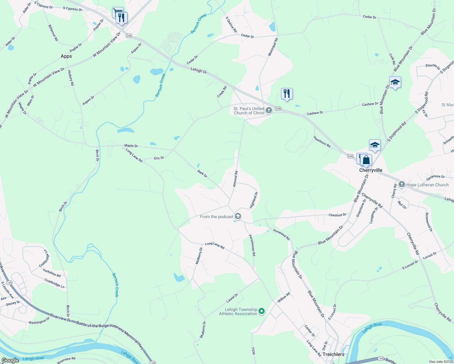 map of restaurants, bars, coffee shops, grocery stores, and more near 668 Bark Drive in Walnutport