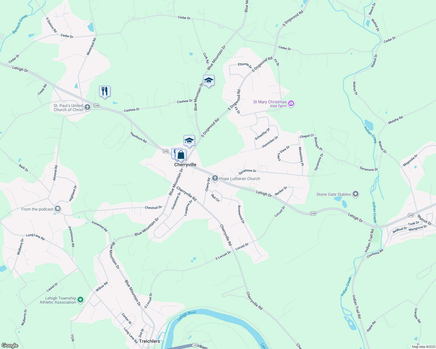 map of restaurants, bars, coffee shops, grocery stores, and more near 4132 Lehigh Drive in Northampton