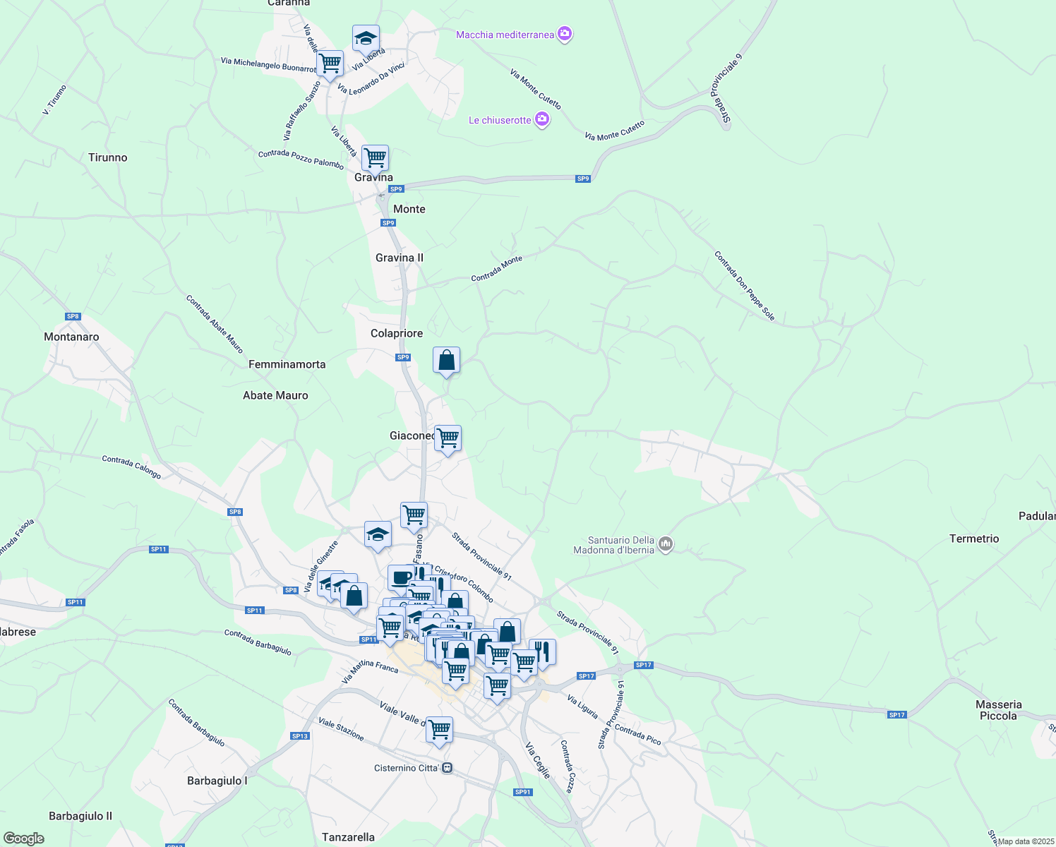 map of restaurants, bars, coffee shops, grocery stores, and more near 129 Contrada Colucci in Provincia di Brindisi